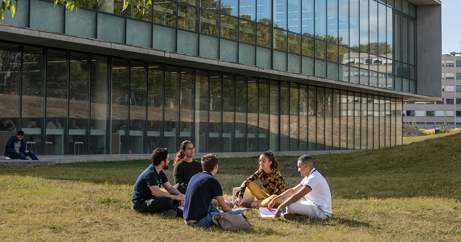 Etudiants assis dans l'herbe devant la BU